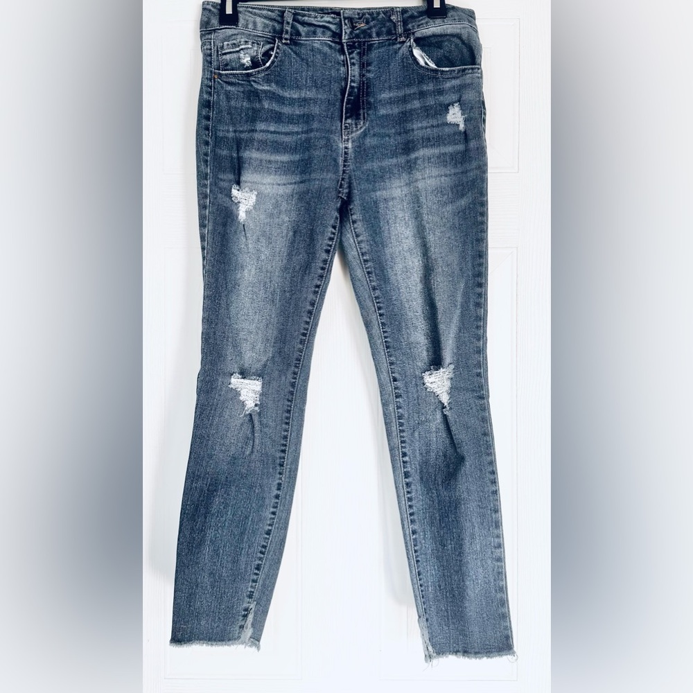 D Jeans Distressed Stretch Ankle Recycled Denim Jeans Raw Hem Faded Size 8